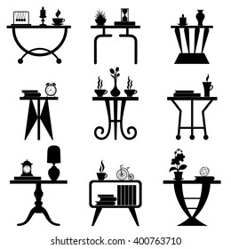 Set of Coffee table silhouette isolated on white background. Collection of vector icons of tables with accessories.