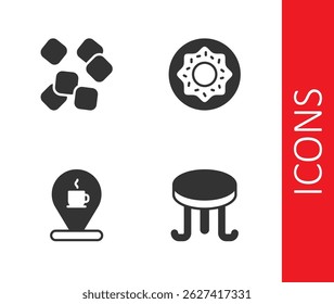 Set Coffee table, Sugar cubes, Location with coffee cup and Donut icon. Vector