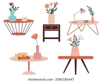 Set of coffee tables and nightstands with vases and flowers in flat style. Vector illustration of tables with different objects: night lamps, books, vases, bouquets, isolated on white background