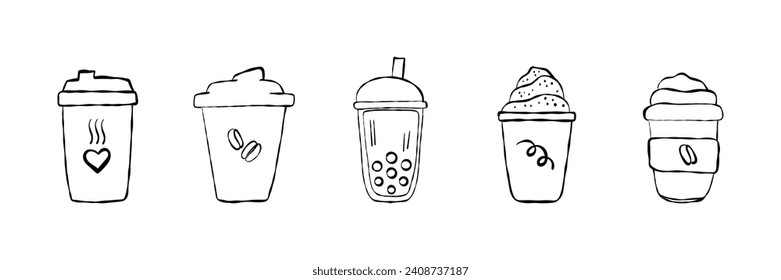 Set coffee take away doodle line style sketch. In paper mug, glass. Doodle vector illustrations isolated on white background.  Coffee  beverage take away.