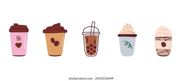 Set coffee take away doodle line style sketch. In paper mug, glass. Doodle vector illustrations isolated on white background.  Coffee  beverage take away.  Espresso, americano, cappuccino, latte.