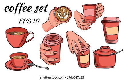 Set of coffee. Takeaway coffee in hand and in a mug. Takeaway glass. Sugar bowl. Cartoon style. For decorating a coffee shop. Vector illustration for design.