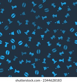 Set Coffee tamper, moca pot, V60 coffee maker and beans on seamless pattern. Vector