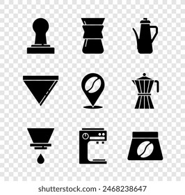 Set Coffee tamper, Pour over coffee maker, Teapot, V60, machine, Bag beans, paper filter and Location with icon. Vector