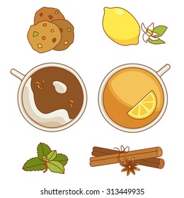 Set of coffee, tea, cinnamon, anise, lemon, cookies, mint isolated on white background vector illustration