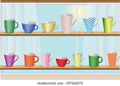 Set of coffee and tea colorful cups for kitchen. Vector illustration.