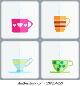 Set of coffee or tea cups. Flat design. Vector illustration EPS 10.