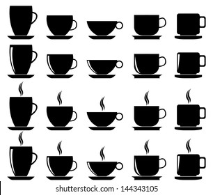 Set of coffee and tea cups illustrated on white