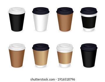 Set of Coffee or tea Cups isolated on  white background. Mockup. Vector Realistic 3D Тemplate. Тakeaway Сoffee. Paper or Plastic Disposable Packaging. EPS10.