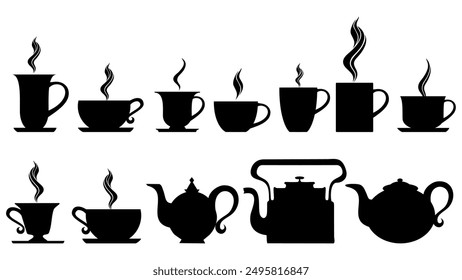 Set of coffee and tea cups. Simple Illustrated Tea Cup Design Template. Cup set silhouette design elements isolated on white background. Menu for restaurant, cafe, bar, coffee shop, tea-house.  