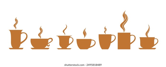 Set of coffee and tea cups. Simple Illustrated Tea Cup Design Template. Cup set silhouette design elements isolated on white background. Menu for restaurant, cafe, bar, coffee shop, tea-house.  Vector