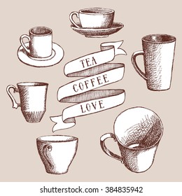 Set of coffee and tea cups  in vintage style, vector