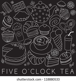 Set of coffee and tea design elements in blue color style