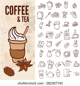 Set of coffee and tea design elements in sepia color style