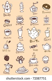 Set of coffee and tea design elements in sepia color style