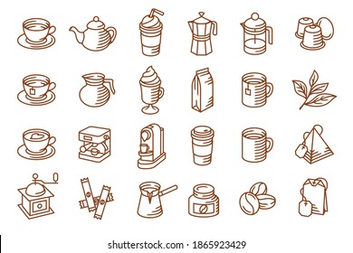 Set of coffee, tea and equipment vector isolated icons suitable for cafe, coffee shop, bar or restaurant.