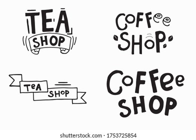 Set von Kaffee und Tee handgeschriebene Logos, Etiketten, Abzeichen. Designelemente. Vintage-Stil. Vektorgrafik.