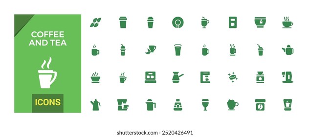 Set of coffee and tea icon set. Filled icons collection. Solid icon for web and ui. Solid icons set. Vector illustration.