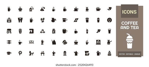 Set von Kaffee- und Teesymbolen. Gefüllte Symbolsammlung. Solides Symbol für Web und UI. Solide Symbole gesetzt. Vektorgrafik.