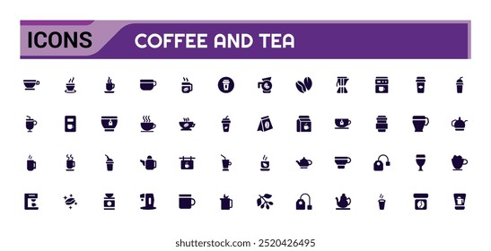 Conjunto de icono de café y té. Colección de iconos rellenos. Icono sólido para Web y ui. Conjunto de iconos sólidos. Ilustración vectorial.