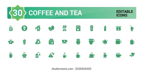 Set of coffee and tea icon set. Filled icons collection. Solid icon for web and ui. Solid icons set. Vector illustration.