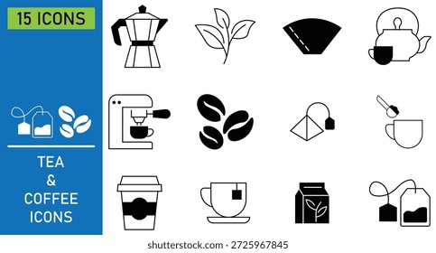 Conjunto de icono de café y té en estilo de línea. incluyendo tazas, tazas, granos de café, té verde, cafés, bebida, espresso y más. Colección de iconos de contorno. Ilustración vectorial.