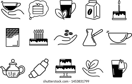 Set of coffee and tea icons. Contain cup of coffee or tea, different birthday cakes, chocolate and hands.