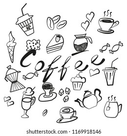 Set of coffee and tea icons handmade on the white background