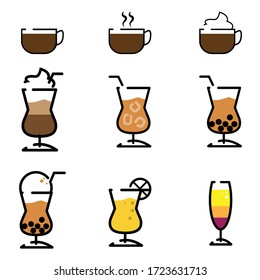 Set coffee and tea line icons. Juice with ice and Latte signs. ice drink with Steam. Herbal beverage and Vending symbols. Vector