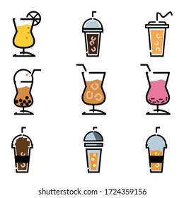 Indique los iconos de la línea de café y té. Jugo con hielo y carteles de Latte. bebida helada con vapor. Bebida de hierbas y símbolos de la venta. Vector