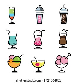 Set coffee and tea line icons. Juice with ice and Latte signs. ice drink with Steam. Herbal beverage and Vending symbols. Vector