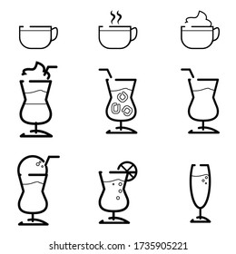 Set coffee and tea line icons. Juice with ice and Latte signs. ice drink with Steam. Herbal beverage and Vending symbols. Vector
