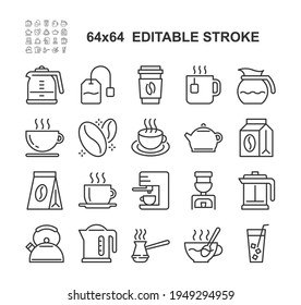 Set of Coffee and Tea Line Icons. Vector Illustration. Editable Stroke, 64x64 Pixel Perfect.