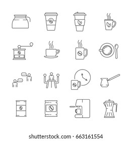 Set of coffee and tea Related Vector Line Icons. Includes such Icons as tea, caffeine, latte, espresso, coffee maker, kettle, Turk