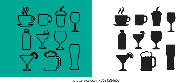 Set of Coffee, Tea, Smoothie, and Alcoholic Drink Illustrations in Line And silhouette vector with white background