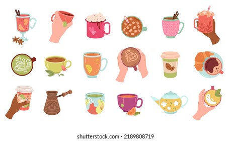 Set of Coffee and tea. Stickers with delicious hot drinks in mugs, cups, teapot or turk. Fresh beverages for warming up in cold weather. Cartoon flat vector collection isolated on white background