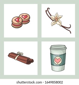 Set of coffee or tea time bright hand drawn vector. Coffee or tea to go. Take away. For display window, t-shirt print, cards, gifts.