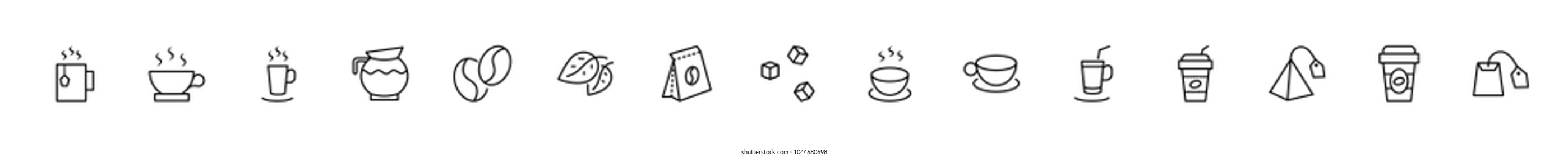 Set of Coffee and Tea Vector Line Icons. Contains such Icons as Cup of Tea,  Teabags, Coffee beans and Green Tea Leaves, a pitcher of Water, Sugar Cubes and more. Editable Stroke. 32x32 Pixel Perfect