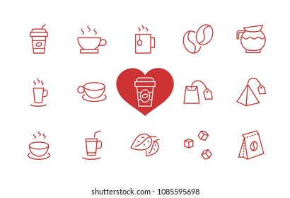 Set of Coffee and Tea Vector Line Icons. Contains such Icons as Cup of Tea,  Teabags, Coffee beans and Green Tea Leaves, a pitcher of Water, Sugar Cubes and more. Editable Stroke. 32x32 Pixel Perfect