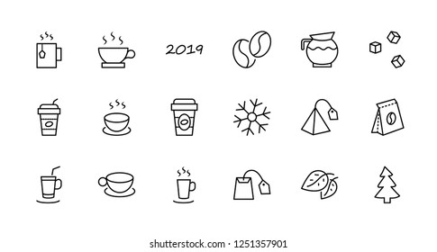 Set of Coffee and Tea Vector Line Icons. Contains such Icons as Cup of Tea, Teabags, Coffee beans and Green Tea Leaves, a pitcher of Water, Sugar Cubes and more. Editable Stroke. 32x32 Pixel Perfect