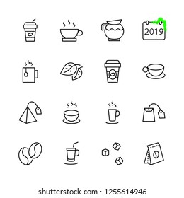 Set of Coffee and Tea Vector Line Icons. Contains such Icons as Cup of Tea,  Teabags, Coffee beans and Green Tea Leaves, a pitcher of Water, Sugar Cubes and more. Editable Stroke. 32x32 Pixel Perfect