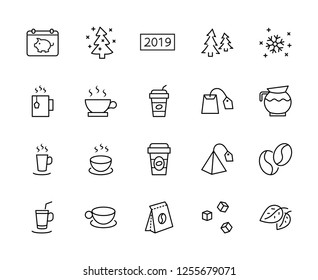 Set of Coffee and Tea Vector Line Icons. Contains such Icons as Cup of Tea,  Teabags, Coffee beans and Green Tea Leaves, a pitcher of Water, Sugar Cubes and more. Editable Stroke. 32x32 Pixel Perfect