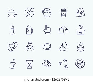 Set of Coffee and Tea Vector Line Icons. Contains such Icons as Cup of Tea,  Teabags, Coffee beans and Green Tea Leaves, a pitcher of Water, Sugar Cubes and more. Editable Stroke. 32x32 Pixel Perfect