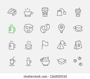 Set of Coffee and Tea Vector Line Icons. Contains such Icons as Cup of Tea,  Teabags, Coffee beans and Green Tea Leaves, a pitcher of Water, Sugar Cubes and more. Editable Stroke. 32x32 Pixel Perfect