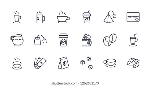 Set of Coffee and Tea Vector Line Icons. Contains such Icons as Cup of Tea,  Teabags, Coffee beans and Green Tea Leaves, a pitcher of Water, Sugar Cubes and more. Editable Stroke. 32x32 Pixel Perfect