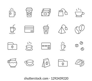 Set of Coffee and Tea Vector Line Icons. Contains such Icons as Cup of Tea,  Teabags, Coffee beans and Green Tea Leaves, a pitcher of Water, Sugar Cubes and more. Editable Stroke. 32x32 Pixel Perfect