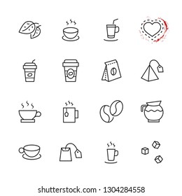 Set of Coffee and Tea Vector Line Icons. Contains such Icons as Cup of Tea,  Teabags, Coffee beans and Green Tea Leaves, a pitcher of Water, Sugar Cubes and more. Editable Stroke. 32x32 Pixel Perfect
