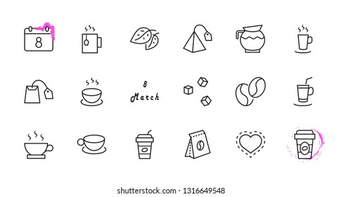 Set of Coffee and Tea Vector Line Icons. Contains such Icons as Cup of Tea,  Teabags, Coffee beans and Green Tea Leaves, a pitcher of Water, Sugar Cubes and more. Editable Stroke. 32x32 Pixel Perfect