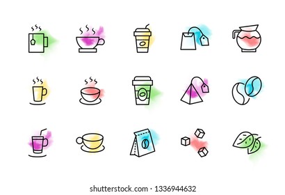 Set of Coffee and Tea Vector Line Icons. Contains such Icons as Cup of Tea,  Teabags, Coffee beans and Green Tea Leaves, a pitcher of Water, Sugar Cubes and more. Editable Stroke. 32x32 Pixel Perfect