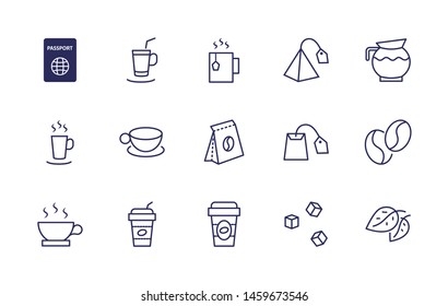 Set of Coffee and Tea Vector Line Icons. Contains such Icons as Cup of Tea,  Teabags, Coffee beans and Green Tea Leaves, a pitcher of Water, Sugar Cubes and more. Editable Stroke. 32x32 Pixel Perfect